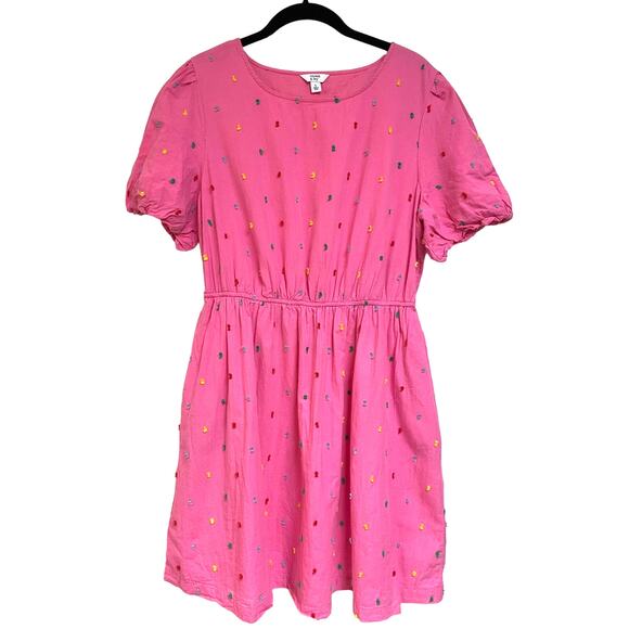 Crown & Ivy Pink A Line Dress Waist Define Puff Sleeve Feminine Cotton size L - Picture 1 of 5